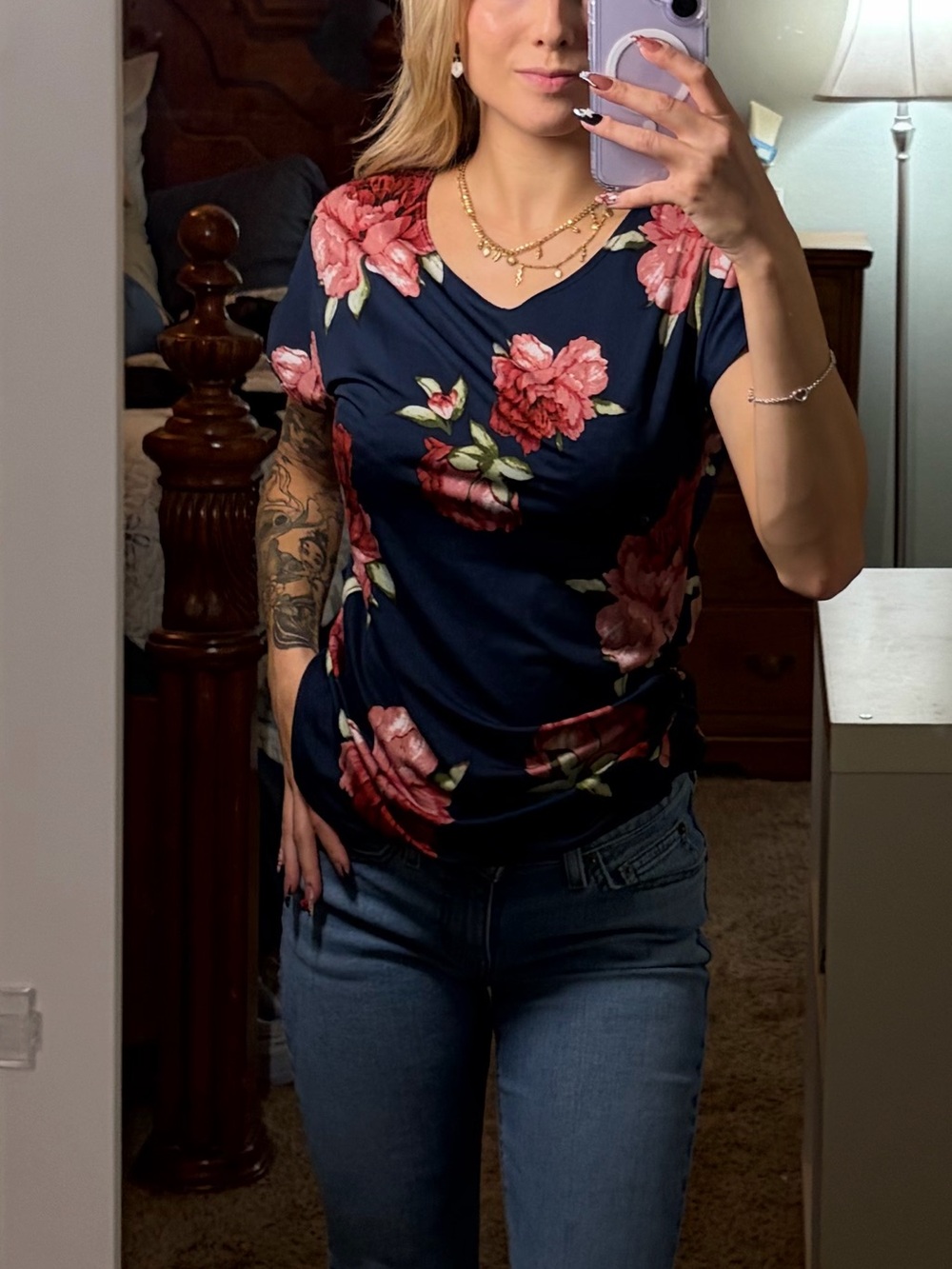 Discreet vintage Navy Floral Short Sleeve Top with Pink Roses Made in USA